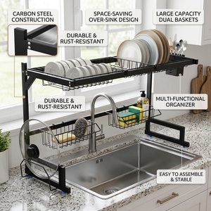 Escurridor de Platos de Acero al Carbono de Doble Nivel, Tipo Soporte, Minimalista, Negro, Ecológico, Impermeable, Antioxidante para Fregadero de Cocina - Product Image 5