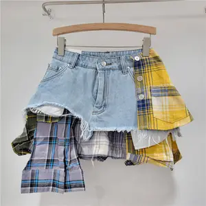 2024 spring and summer plaid casual jeans denim skirt patchwork women's skirts