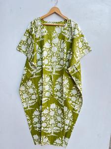 Vestido Kaftan Indio Hecho a Mano 100% Algodón Orgánico con Cuello en V, Estampado Floral, Largo hasta la Rodilla, Túnica India, Ropa de Fiesta de Verano, Vestido Largo para Mujer - Product Image 5