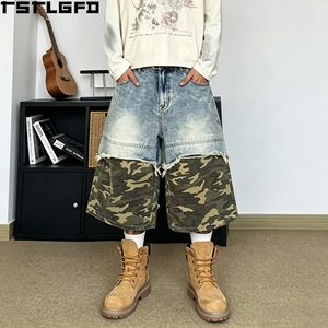 Custom Panelled Denim <b>Camo</b> <b>Shorts</b> Heavyweight Woodland <b>Camo</b> Wide Leg Raw Hem Jorts Wholesale Bulk - Product Image 5