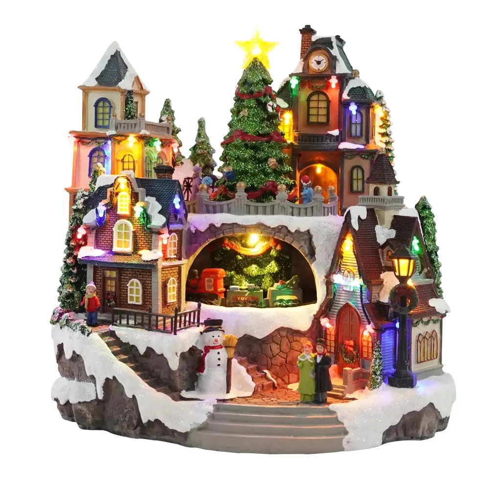 Wholesale custom made new design Led musical resin Christmas Village decoration with movement