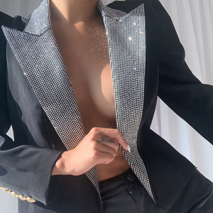 2023 nouveau <span class=keywords><strong>Blazer</strong></span> femmes mode strass col noir costume femme à manches longues décontracté strass revers <span class=keywords><strong>Blazer</strong></span> veste - Product Image 2