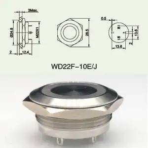 22mm超薄型ショートボディステンレス鋼フラットラウンドリング照明付き金属プッシュボタン