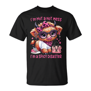 Camiseta Highland Cow con diseño 'I'm Not A Hot Mess I'm A Spicy Disaster', negra, unisex, cuello redondo, manga corta, para adulto, con impresión digital - Product Image 2