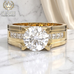 Мужское кольцо из серебра S925 с позолотой 18K, круглым муассанитом, широким ободком и боковыми камнями в канальной оправе, для свадьбы и помолвки, изысканное ювелирное украшение - Product Image 1