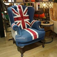 Fauteuil antique à dossier haut en cuir renforcé de boutons, chaise aviateur de style anglais, pour salon, Union Jack
