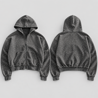 Sweat à capuche zippé surdimensionné personnalisé pour homme, gris délavé, style streetwear, ourlet vieilli, avec strass