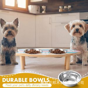 Soporte de madera para tazones de mascotas, doble compartimento, altura ajustable, estilo tabla de surf, soporte para golosinas de perros y gatos, personalizable. - Product Image 4