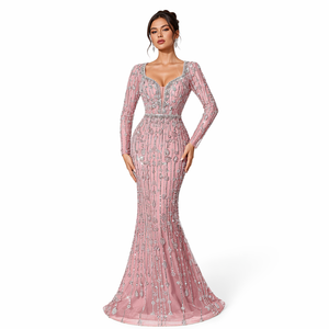 <span class=keywords><strong>Abito</strong></span> da Sera di Lusso a Maniche Lunghe con Strass e Perline, Stile Sirena, Lunghezza a Terra, Scollo Quadrato, per Eventi Formali, <span class=keywords><strong>Red</strong></span> <span class=keywords><strong>Carpet</strong></span>, Banchetti e Balli di Gala - Product Image 6