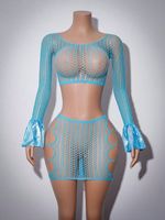Lingerie Bodystocking de Danse en Nylon Bleu Clair Creux avec Strass et Diamants Scintillants pour Pole Dance