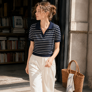 Women's Striped Knit Polo Shirt Short Sleeve Turn-<b>down</b> Collar 100% Cotton Summer Nautical Style Soft Regular Fit - Product Image 5
