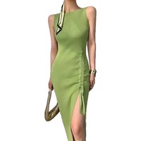 Nouvelle Collection Printemps : Robe Gilet Mi-Longue Tricotée Unie, Style Élégant et Haut de Gamme pour Femme, avec Cordon de Serrage et Fente, Tendance
