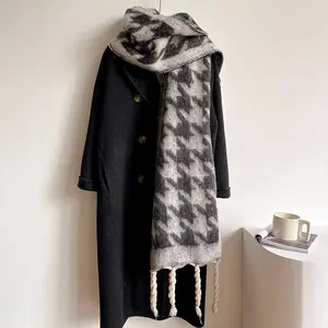 Bán buôn phụ nữ mùa đông ấm dài đan khăn với tua quá khổ Pashmina tartan len khăn rìa mùa đông Houndstooth scarfs