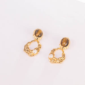 Gold-Plated Tiger Eye Stone & Freshwater Pearl <b>Dangle</b> <b>Earrings</b> for Women Irregular Texture Hoop Drop <b>Earrings</b> <b>Fashion</b> - Product Image 5