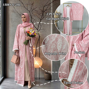 Pink Printed Open Abaya Kimono With Fringe Trim Matching Hijab Set Dubai Modest Muslim Women Robe Ramadan Eid <b>Islamic</b> <b>Clothing</b> - Product Image 1