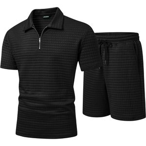 FOXA Men's <b>Waffle</b> Knit Polo <b>Shirt</b> And Shorts Set Breathable Summer Outfit - Product Image 1
