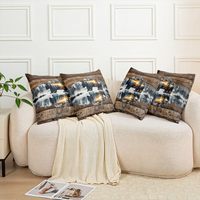 4 housses de coussin en tissu brun avec animaux de la forêt, ours noir et forêt, style campagnard, adaptées à la maison, à la chambre à coucher, au canapé