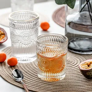 Colored Glass Cup Vintage Sun Flower Embossed Drinking Water Glass Cup Highball Drinking Glass