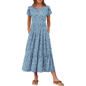 Anrabess Women Summer Casual Short Sleeve Maxi <b>Dress</b> A Line Floral Print Breathable O Neck With Pockets Beach Vacation Sundress - Product Image 1