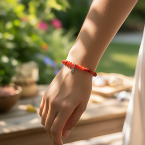 Bracciale con perline di corallo 8mm 18,5cm in acciaio inossidabile, gioiello unisex alla moda - Product Image 2