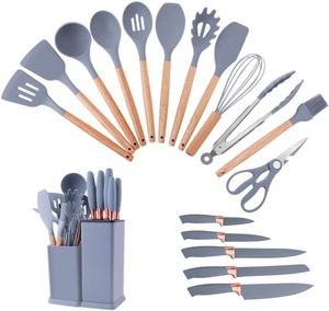 19-Piece Eco-Friendly Modern <b>Silicone</b> Kitchen Utensil Set with Wooden Handles and Storage - Product Image 1