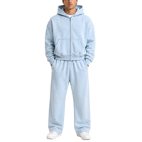 TOPSHOW GARMENT Erkek Yıkanmış Eskitme Görünümlü Fermuarlı Kapüşonlu Eşofman Takımı Büyük Beden Sokak Modası Kapüşonlu Üst Geniş Paçalı Eşofman Altı 2 Parça Takım