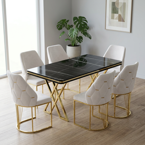 Ensemble de salle à manger moderne convertible 6 pièces avec table en MDF noir, chaises rembourrées blanches, structure dorée - Product Image 1