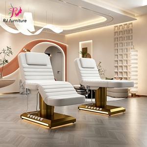 Mesa de masaje eléctrica moderna de 3 motores, cama de spa médica con tratamiento cosmético ajustable con Base dorada de lujo con Led - Product Image 1