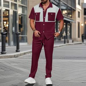 2025 nuevo conjunto de <span class=keywords><strong>chándal</strong></span> para <span class=keywords><strong>hombre</strong></span> moda de verano estilo callejero Waffle Block Color bolsillo camisa pantalones conjunto de dos piezas - Product Image 3