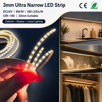Bande LED super fine de 3 mm, 24 V, flexible, 180 LED/m, haute densité, éclairage sous armoire pour étagères et placards