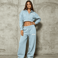 Survêtement ample brodé pour femme, sweat à capuche court zippé, pantalon de jogging à jambe large avec bande latérale contrastante, taille élastique à cordon de serrage, décontracté