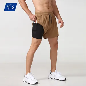 YLS กางเกงกีฬาขาสั้นสำหรับผู้ชาย,กางเกงออกกำลังกายขาสั้นมีกระเป๋าทำจากผ้าโพลีเอสเตอร์2ชิ้นใน1ชิ้นกางเกงออกกำลังกาย