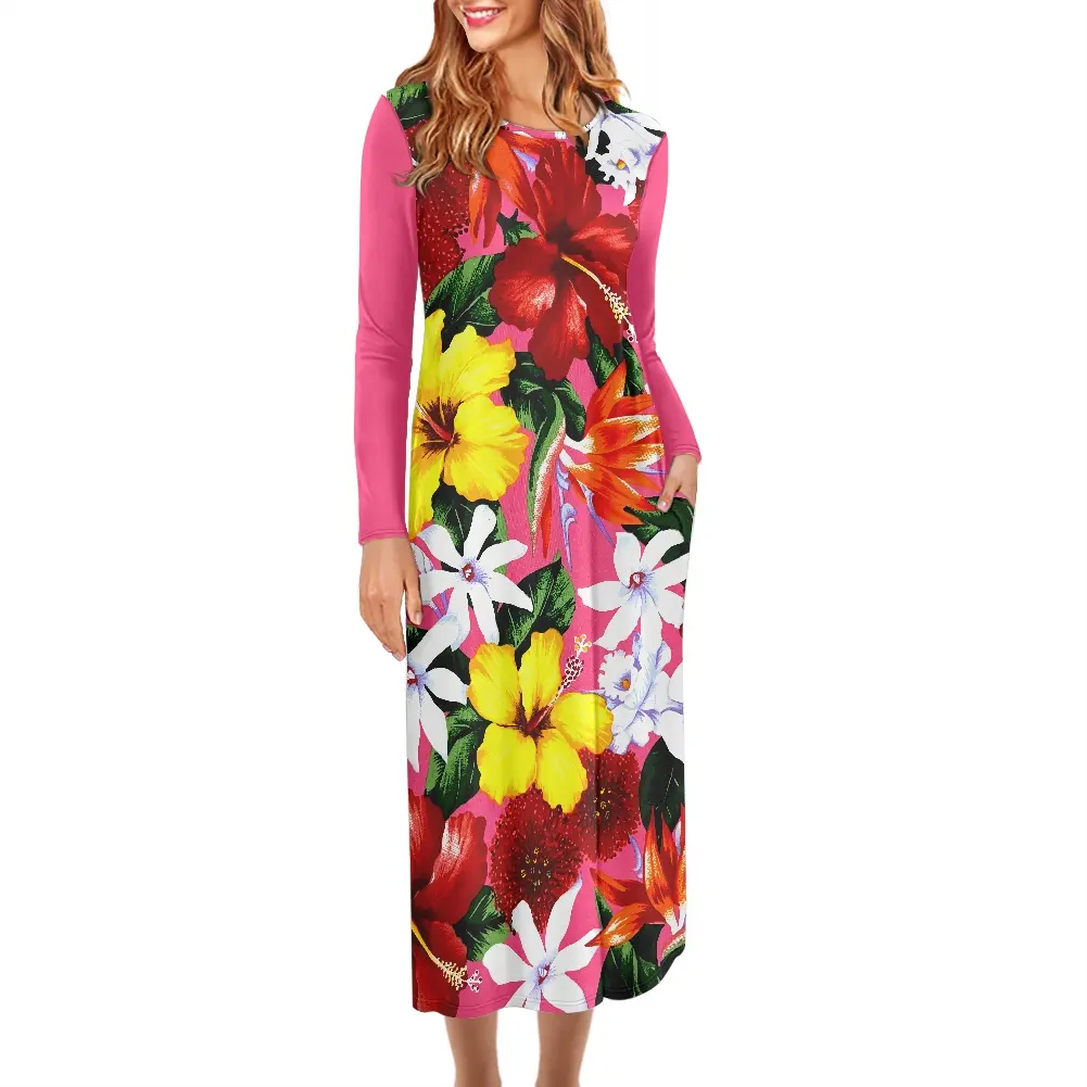 Tropical Floral Bright Design Print Dress Women Gowns Evening Dresses Plus Size O-neck Long Sleeve Casual Dress With Pockets