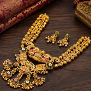 Parure de bijoux religieux traditionnelle en argent 925 plaqué or antique, collier et boucles d'oreilles, bijoux de mariée pour femme, cadeau hindou - Product Image 2