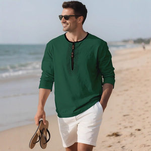 <b>Men's</b> Solid Color Linen Long Sleeve Casual <b>Shirt</b> With Covered Button <b>Collarless</b> Loose Fit Breathable Top For Everyday Wear - Product Image 3