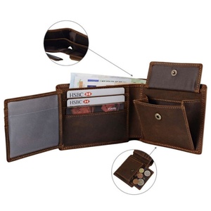 New Arrival Genuine Crazy Horse Leather RFID Blocking Vintage Short Open Closure Polyester Lining Wallets for Men - Product Image 3