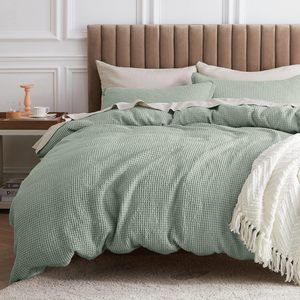 Weiche 100% Baumwolle <span class=keywords><strong>Queen</strong></span>-<span class=keywords><strong>Size</strong></span> Waffelmuster Bettbezug-Set mit Blumenmuster Gefaltete Kissenbezüge Bettwäsche-Kollektion - Product Image 4
