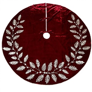 Festive Holly Embroidered Velvet Christmas Tree Skirt Handmade Holiday Tree Base Cover <b>Winter</b> <b>Decoration</b> - Product Image 1
