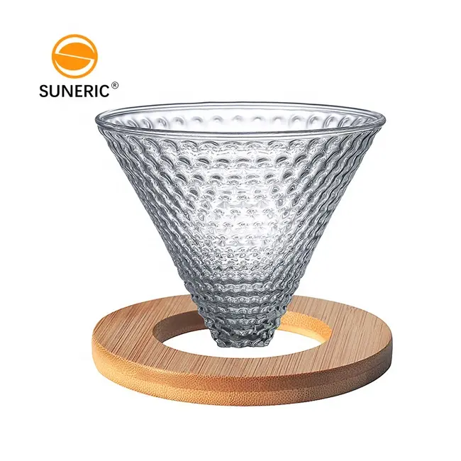 Heat Resistant Pour Over Diamond V Shape Glass Bamboo Coffee Filter Cone Clever Cup Dripper Coffee With Holder