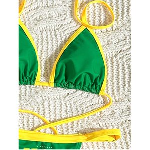 FOXA Ensemble de bikini pour femme avec drapeau du Brésil, maillot de bain 2 pièces, haut triangle dos nu et bas string, avec bordure contrastante, en Spandex extensible et Polyester - Product Image 4