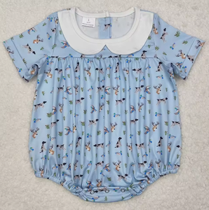 Romper de burbujas con cuello Peter Pan y bordado de pato azul claro para bebés varones - Product Image 3