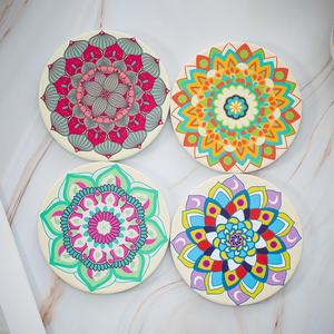 Sous-verre absorbant en céramique imprimé <span class=keywords><strong>Mandala</strong></span> personnalisé sous-verres ronds de 4 pouces pour boissons café bière tasse sous-verre avec dos en liège - Product Image 3