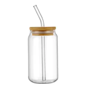 DIY Blank Sublimation Custom Logo Tumbler With Handle And Glass Straw Borosilicate Coffee glass Cup With Bamboo Wooden Lid