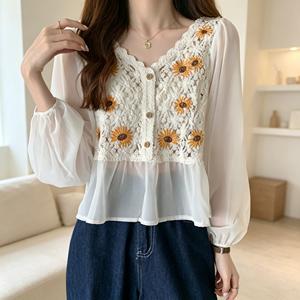 Blusa de punto <span class=keywords><strong>corta</strong></span> con bordado étnico y crochet, de gasa calada, <span class=keywords><strong>manga</strong></span> larga, protección solar, para mujer, a la moda - Product Image 1