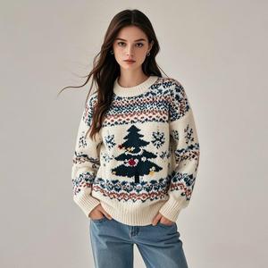 Suéteres de Punto para Mujer, Cuello Redondo, Diseño Floral Jacquard, Algodón y Acrílico, Estilo Casual, Oversize, Anti-Pilling, para Otoño - Product Image 3