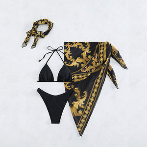Xuanlang Mode Luxe Print Bikini 3-delige Badpak Met Hoge Taille En Sjaal Coverups Badkleding Strandkleding <span class=keywords><strong>Sexy</strong></span> <span class=keywords><strong>Video</strong></span> C3539 # - Product Image 3