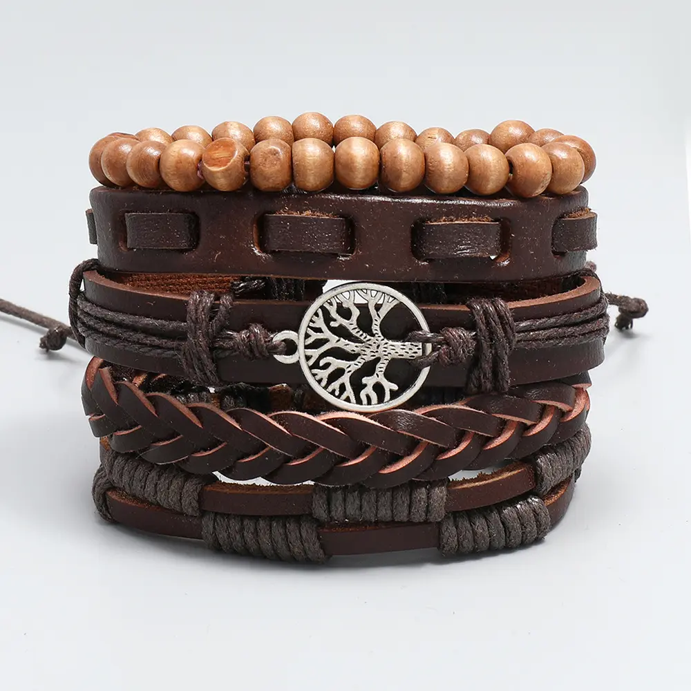 5Pcs Braided Leather Bracelet Alloy Life Tree Bead Set Multilayer Leather Wrap Bracelet