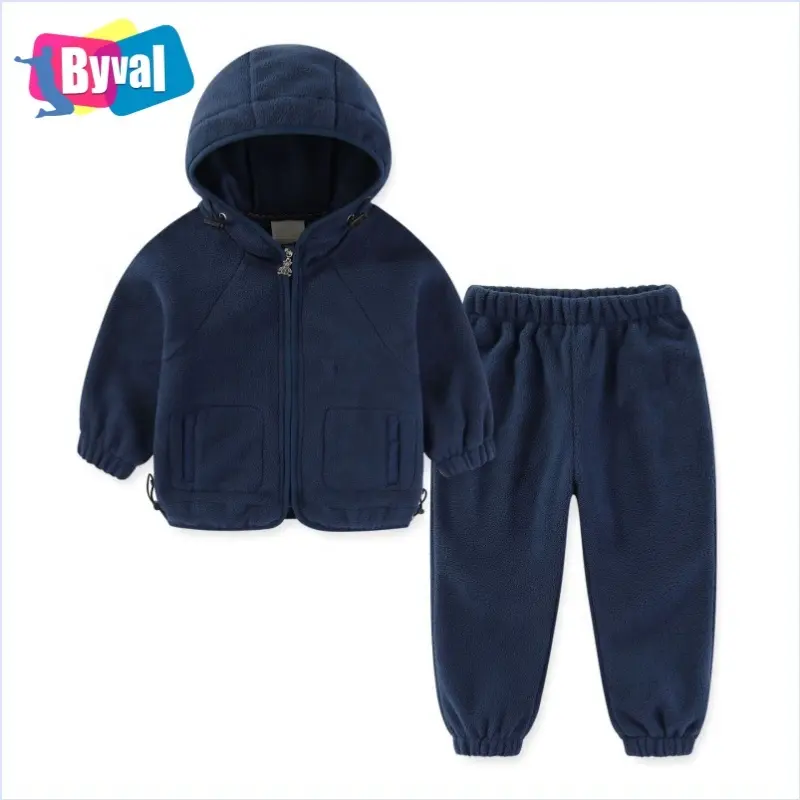 Wholesale Customized winter thickening Kid's hoodie Set with High Quality Polar Fleece blank printed long sleeved Clothing Set