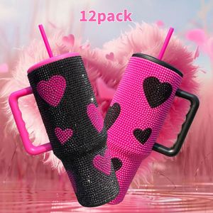 Paquete de 12 Vasos de Acero Inoxidable Personalizados con Logotipo, 40 oz, Decorados con Pedrería, con Asa, Tapa y Pajita - Product Image 1