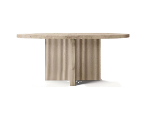 Table à manger ronde en teck moderne, 3 pieds, qualité supérieure, base en bois massif à lattes, finition naturelle, salle à manger, hôtel, villa, vente en gros - Product Image 1
